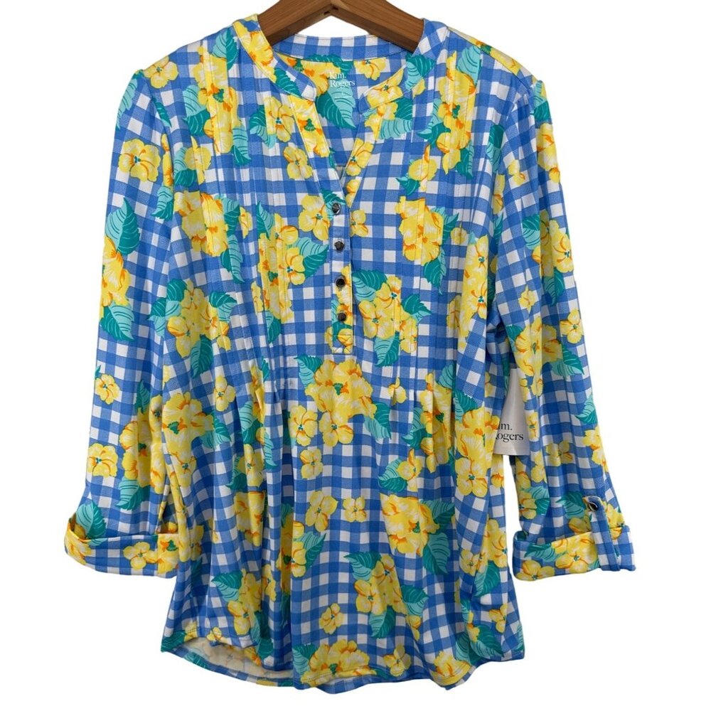 Kim Rogers Women Top Sz L NEW w/Tags MSRP $47 Blue-Tiful Henley Knit CottageCore